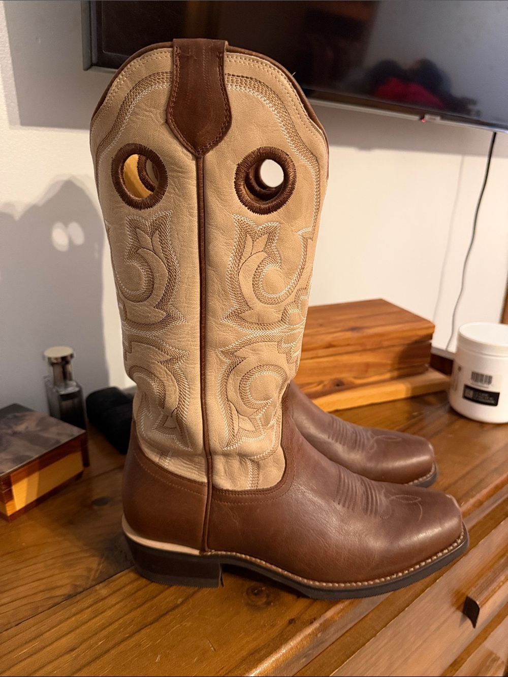 Tecovas Brown and Beige Western Pull-On Heeled Boots with Embroidered Shaft